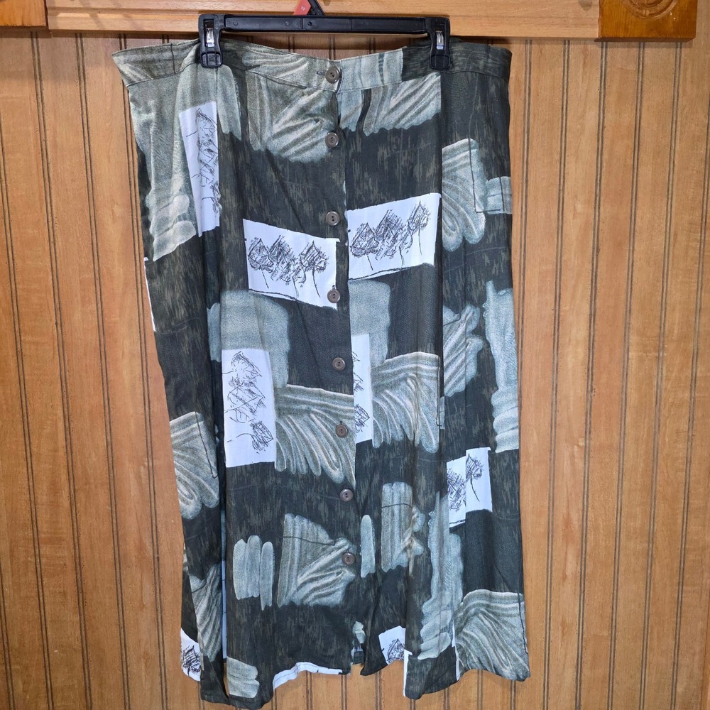 VOIR Button Front‎ Midi Skirt Green Print Career Casual Rayon 22W